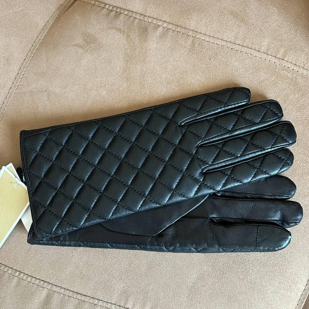 Michael Kors Black Quilted Leather Gloves L NWT